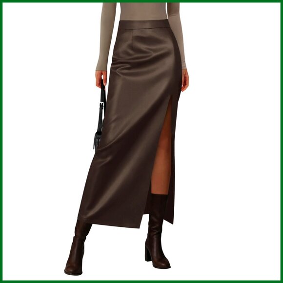Faux Leather Pencil Skirt High Waisted Maxi Length Side Slit